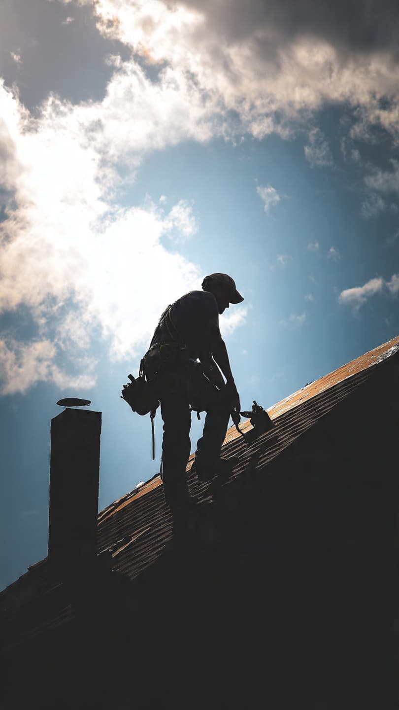 Taktekker i silhuett på tak mot blå himmel med skyer – profesjonelt takarbeid i Asker